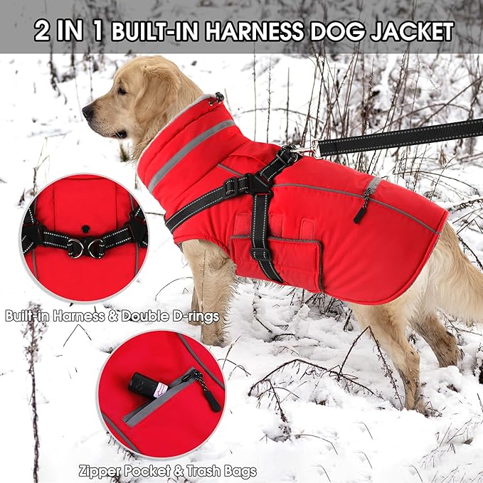 PETDSH Dog Coat Large, Built-in Harness Dog Jacket with Warm Fleece Lining, Waterproof Reflective Dogs Winter Coat, Pet Coats with Pocket and Trash Bags (Red, Large)