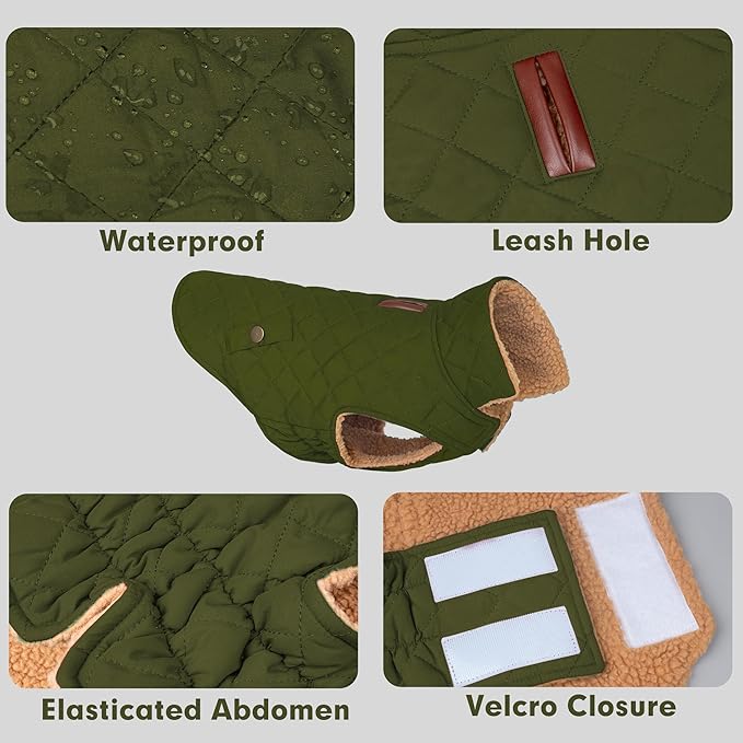 azuza Dog Jacket Waterproof & Windproof Dog Coat for Small Dogs with Thick Fleece, High Collar with Leash Hole, Adjustable Velcro & Elastic Belly, Army Green, S