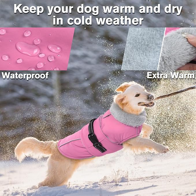 Lelepet Warm Dog Coats for Extra Large Dogs Waterproof Dog Winter Jacket Reflective Pet Fleece Vest Windproof Cold Weather Coats with Adjustable Buckle & Leash Hole, Pink, XXXL