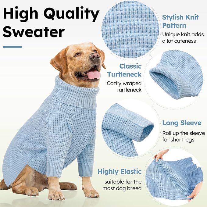 Queenmore Soft Warm Large Dog Sweater, Dog Sweaters for Large Breeds, Pet Christmas Sweater, Waffle Knit Extra Large Doggie Sweatershirt, Pull-on Pet Turtleneck Sweater, Blue 3XL