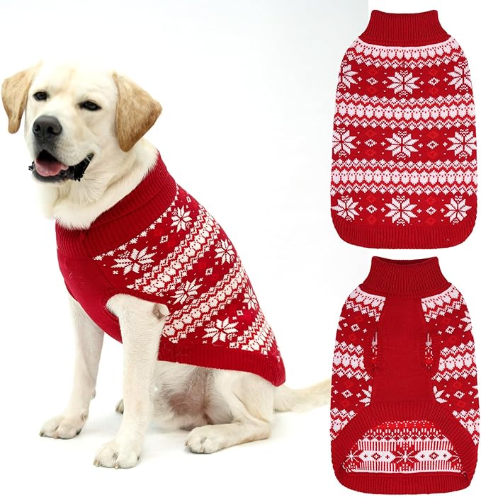 KOOLTAIL Cable Knit Dog Sweater Turtleneck, Cold Weather Pullover Classic Knitwear, Snowflake Pattern Thick Warm Winter Pet Clothes, Dog Christmas Sweater for Small Medium Large Dogs, Red ML