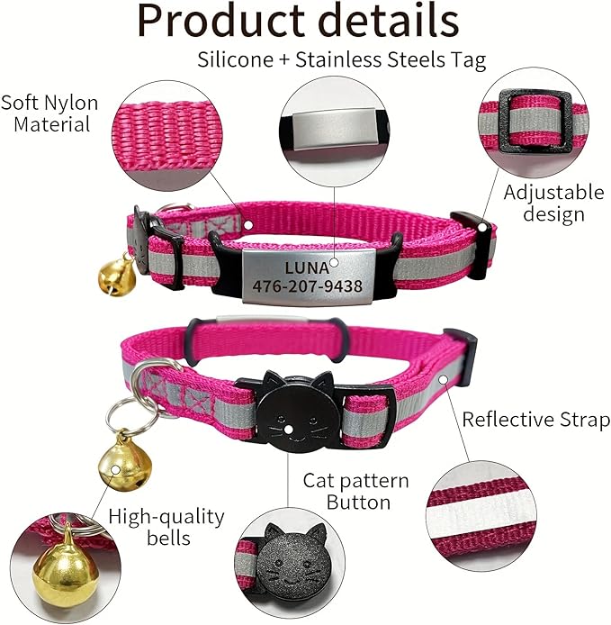 Personalised Cat Collar Adjustable Reflective Nylon with Cat Pattern Breakaway, Safety Quick Release, Bell, Custom Stainless Steel Name Tag & ID Number Plate (8"-10.6", Multiple Colors)