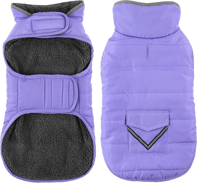 Dog Coat, Waterproof Dog Winter Jacket with Pocket, Reflective Adjustable Pet Snow Vest, Warm Cozy Fleece Sweater for Small Medium Extra Large Dogs - Light Purple, 2XL