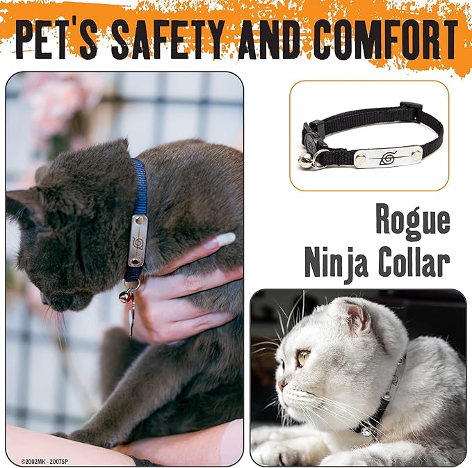Naruto Breakaway Cat Collars for Girl & Boy Cats | Officially Licensed Naruto Shippuden Hidden Leaf Village Pet Accessories & Gifts, (8.5” to12”) Adjustable Cute Kitten Collar with Bell (Navy, Rogue)
