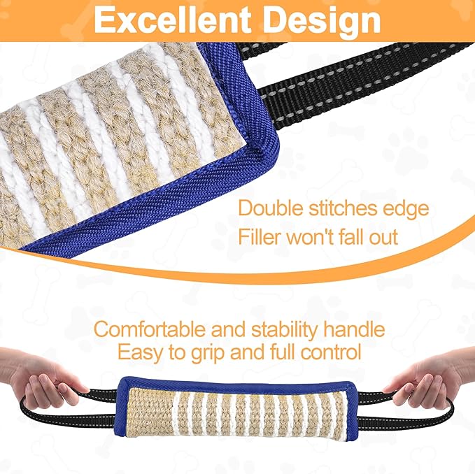 ToLanbbt Dog Tug Toy Bite Jute Pillow Pull Toy with 2 Strong Handles Perfect for Tug of War, Puppy Interactive Play, Tear Resistant Bite Training for Small Medium Large Dogs (Blue-Line)