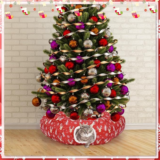 Christmas Cat Tunnel Bed for Indoor Cats Under Christmas Tree Skirt Tube with Hanging Ball Plush Cat Cave, Washable Holiday Pet Gift Toy & Gift for Kittens(Elk)