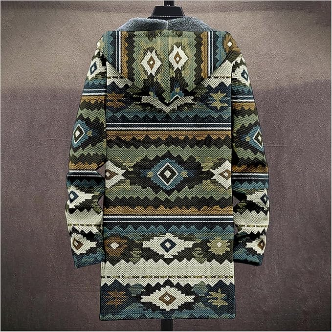 Mens Aztec Print Hoodie Heavyweight Cotton Fleece Jacket Zip Up Warm Long Sleeve Hooded Winter Midi Coat