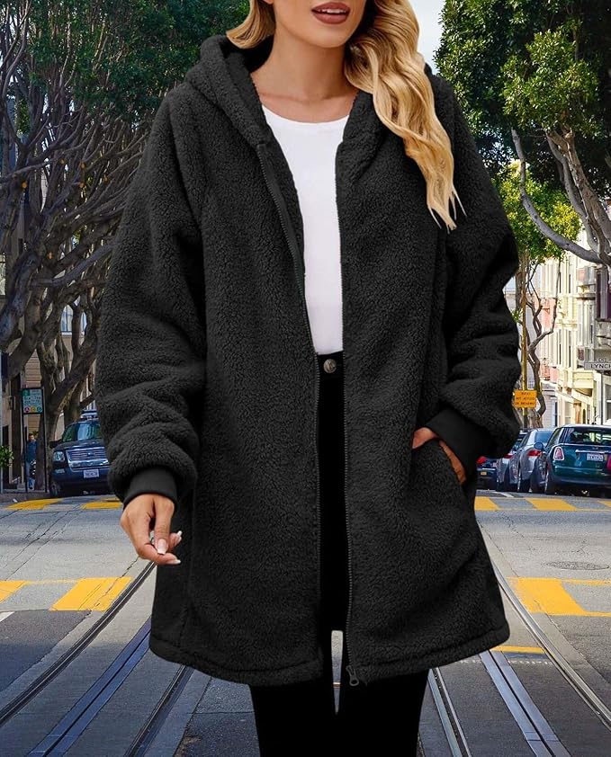 LIZALIG Women's Oversized Fleece Jacket Hooded Zip-Up Cardigan Coat with Pockets Warm Winter Casual Wear for Vacation