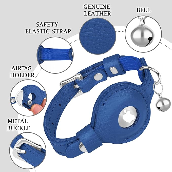 OOPSDOGGY Cat Collar for AirTag Holder, Leather Kitten Collars with Elastic Strap & Bell, Non Breakaway Adjustable Small Pet Collars for Indoor & Outdoor for Boy, Girl (Blue)