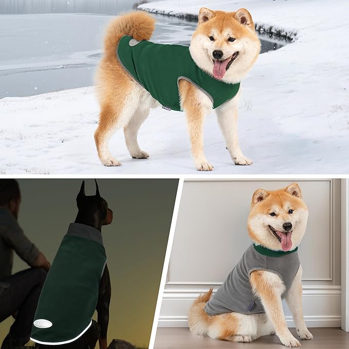 cyeollo 2 Pack Dog Sweaters Stretchy Fleece Sweatshirt with Reflective Stripe Pullover Stretchable Sweater Dog Clothes for Small Puppy Dogs Cats Size S Green & Grey