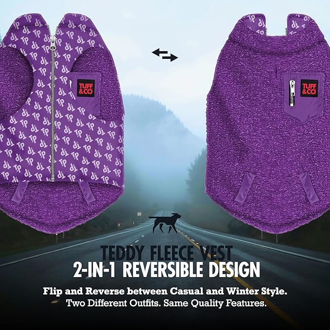 Tuff Pupper Reversible Fleece Sweater Vest for Dogs | Lightweight Comfortable Insulated Jacket | Front Zip Closure | Machine Washable | Built-in Leash Hole | Sizes for All Breeds (Large, Purple)