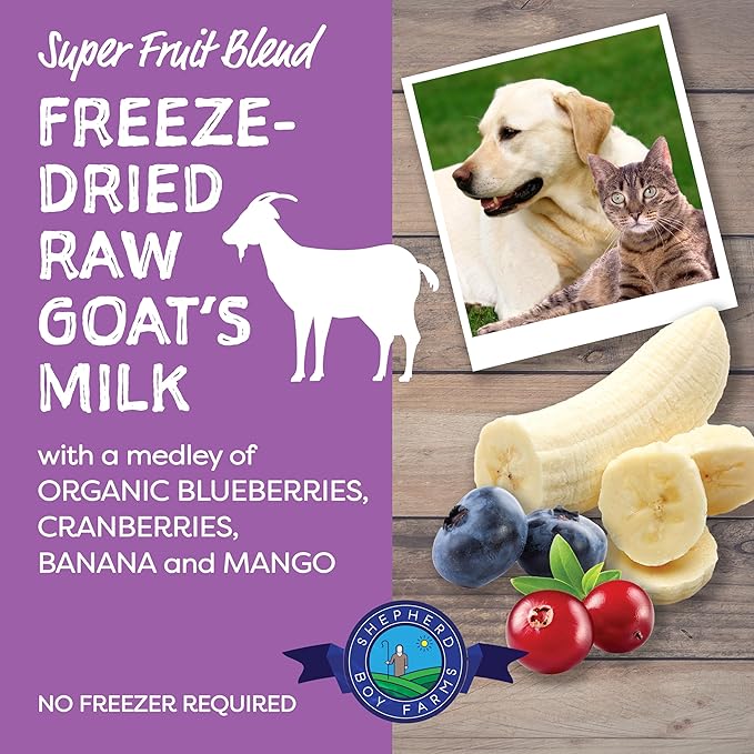Shepherd Boy Farms Freeze Dried Raw Goats Milk with Probiotics for Dogs & Cats (Super Fruits), Organic USA Fruit, Digestible Goat Milk Powder, Raw Nutrition, High Protein Food Toppers - Makes 32 FL OZ