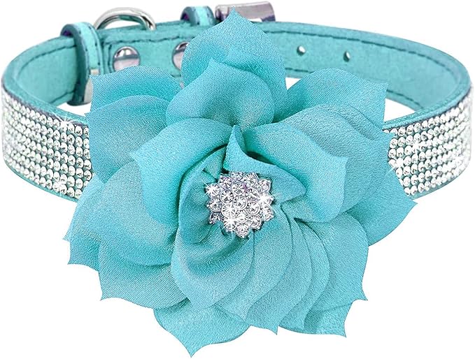 Serijoars Small Dog Collar with Rhinestone Crystal Diamond Colorful Bling Girl Puppy Cat Collars (L, Light Blue6)