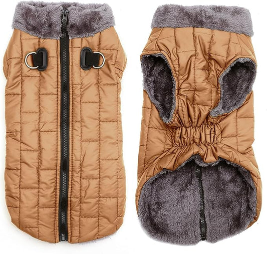Warm Fleece Dog Coats with Durable Harness Buitl in D-Ring,Waterproof Doggie Jacket for Medium Dogs,Dog Vest for Cold Winter,Burnished Khaki L