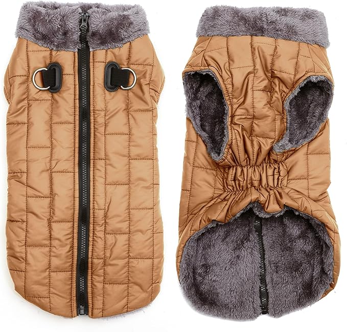 Warm Fleece Dog Coats with Durable Harness Buitl in D-Ring,Waterproof Puppy Jacket for Small Dogs,Dog Vest for Cold Winter,Burnished Khaki S