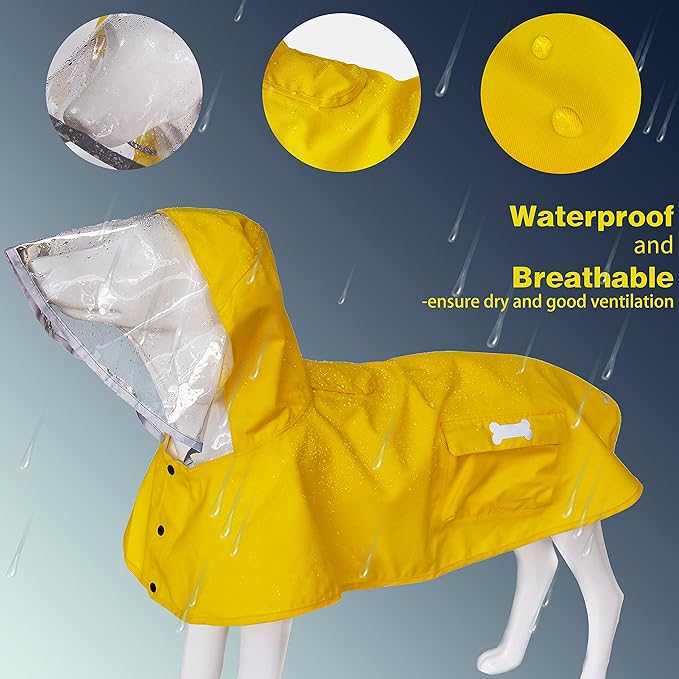Waterproof Dog Raincoat, Adjustable Reflective Lightweight Pet Rain Clothes with Poncho Hood (X-Large, Yellow)