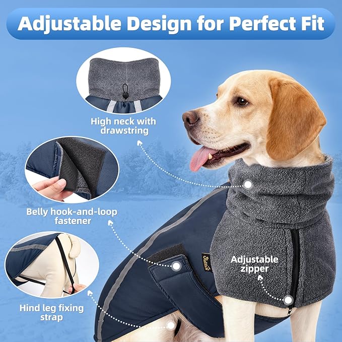 SlowTon Winter Dog Coat, Warm Polar Fleece Lining Doggie Outdoor Jacket with Turtleneck Scarf Reflective Stripe Adjustable Waterproof Windproof Puppy Vest Soft Pet Outfits (XXL,Dark Blue)