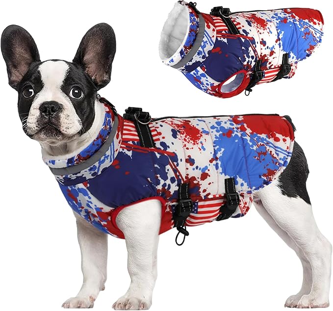 Large Dog Coat with Harness Built-in, Waterproof Reflective Fleece Lined - Warm Windproof Winter Jacket with Back Zipper, Cold Weather Snow Dog Coats - Flag - 3XL