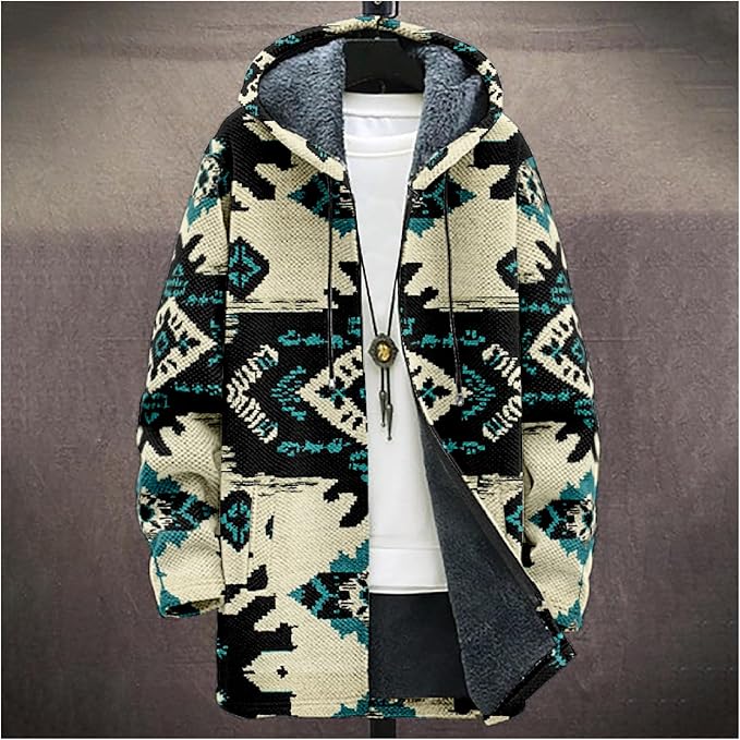 Mens Aztec Print Hoodie Heavyweight Cotton Fleece Jacket Zip Up Warm Long Sleeve Hooded Winter Midi Coat
