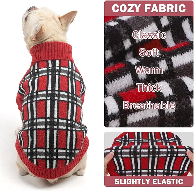 SCENEREAL Turtleneck Dog Sweater for Small Medium Large Dogs Girls Boys, Christmas Plaid Pullover Puppy Sweatershirt, Dogs Cold Weather Outfit Clothes, Ideal Gift for Pet in New Year, Red Plaid SM
