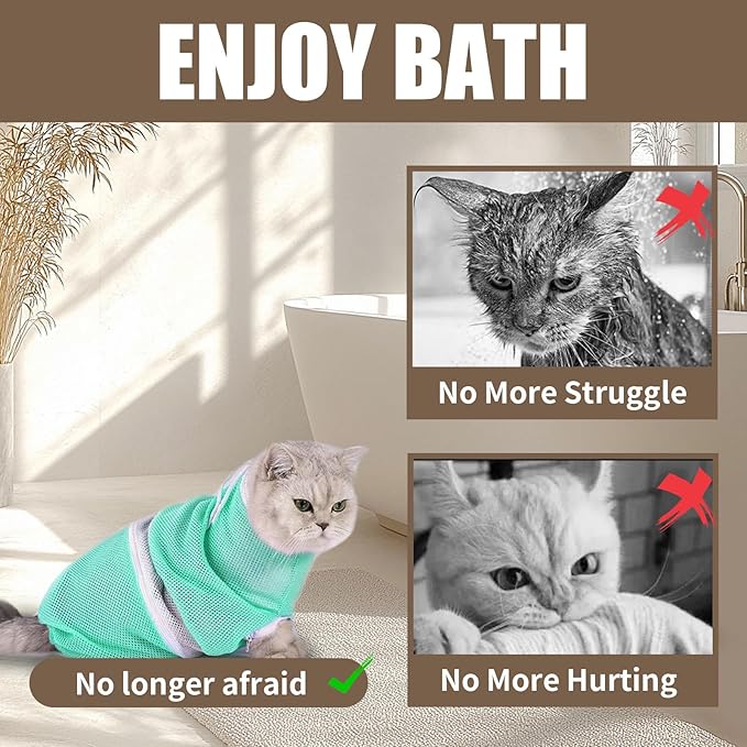 Cat Shower Bag with Removable Hood - Green Mesh Cat Bathing Bag for Stress-Free Bath, Nail Clipping & Grooming, Comfortable Cat Washing Bag