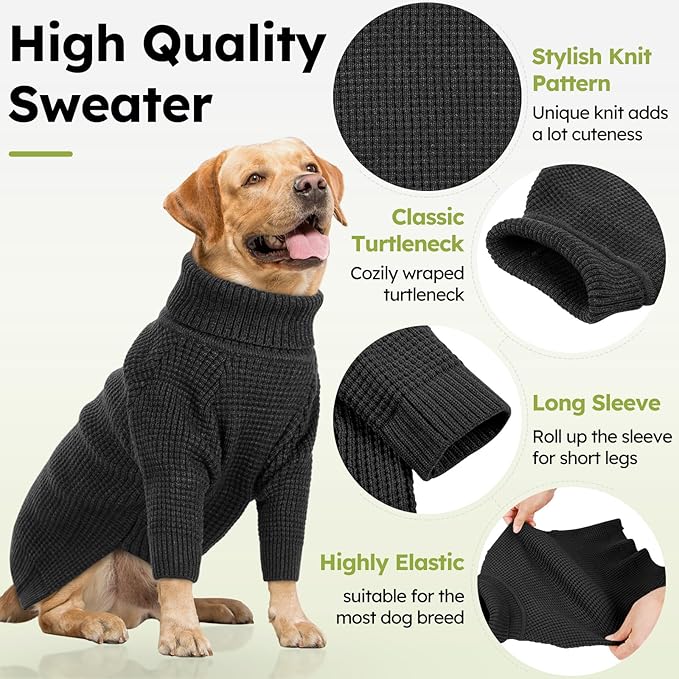 Queenmore Turtleneck Long Sleeve Knitted Sweater with Check Pattern, Warm Dog & Cat Sweater for Small to Large Pets, Charcoal Gray XS