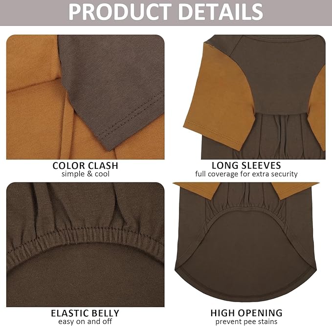 2 Pack Large Dog Shirts for Summer - Stretchy Breathable Cotton Dogs T-Shirt, Protect Skin Easy On and Off Clothes for French Bulldog, Pug, Daily Wear, Walk, Park, Travel, Beach Trips, Brown
