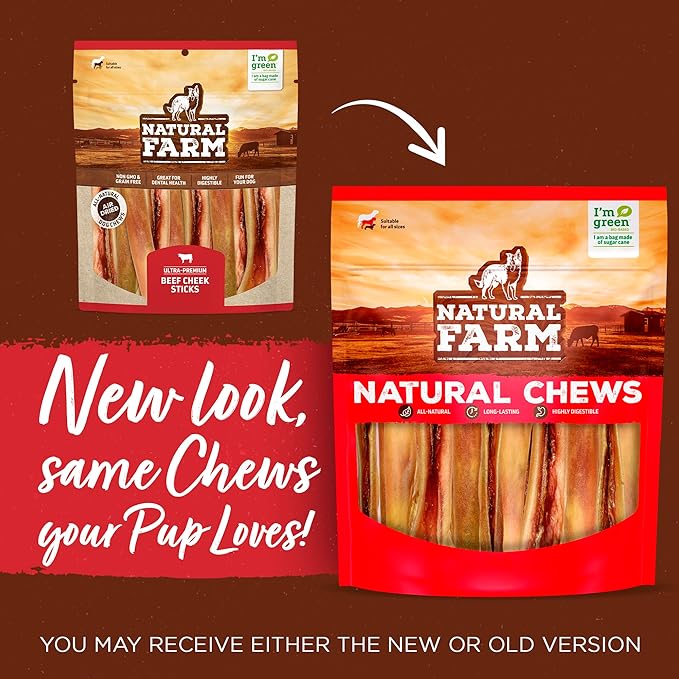 Natural Farm Bully Cheek Stick, 10-12 Inch (6-Pack)- Best Bully Stick Alternative, 100% Natural Beef Cheeks for Dogs- High Protein, Cleans Teeth Treats, Long Lasting Beef Chews for All Dog Sizes