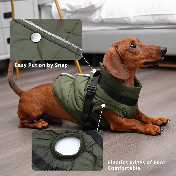 Dog Jacket with Harness,Fleece Lined Warm Puppy Coat for Winter,Soft Windproof Large Dog Vest,Green XXL