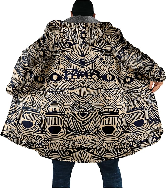 Mens Aztec Print Hoodie Heavyweight Cotton Fleece Jacket Zip Up Warm Long Sleeve Hooded Winter Midi Coat