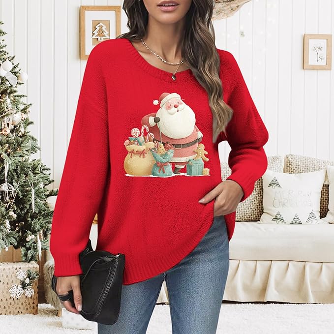 Women's Red Christmas Sweater - Festive Cartoon Patterns, Cozy Knit for Holiday Parties & Gatherings