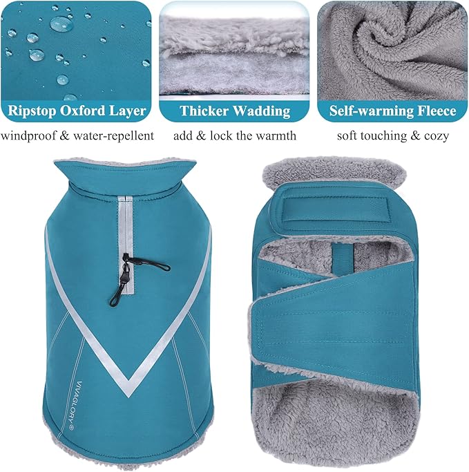 VIVAGLORY Snowrap Dog Coat, Jacket with Harness Hole & Velcro Closure, Dog Coat for Winter & Cold Weather, Fluffy Warm Fleece Lined Reflective Water Resistant for Puppy, S, Turquoise