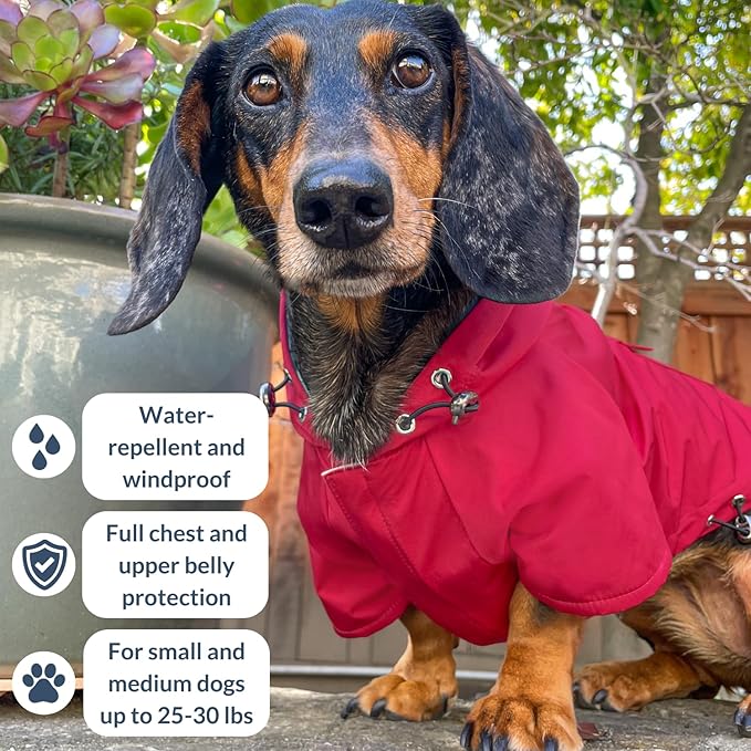 DJANGO Highland Dog Jacket & Raincoat – Water-Repellent, Lined Dog Coat with Hood, Adjustable Fit & Harness Hole – Lightweight Rain & Wind Jacket for Small & Medium Dogs up to 30 lbs (Red, Small)
