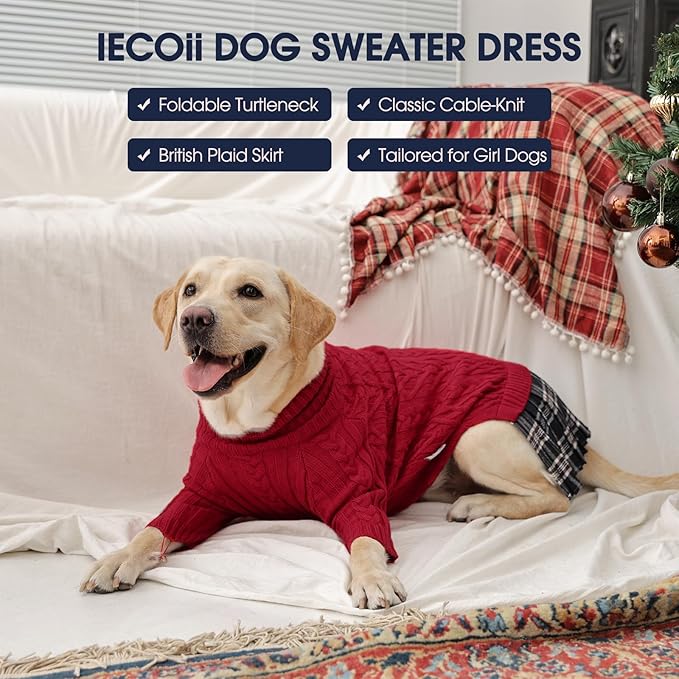 IECOii Girl Dog Sweater Dress - Cable Knit Dog Sweater for Medium Dogs Girl, Red,Large - Turtleneck Winter Sweaters with Leash Hole, Soft & Stretchy Adorable Dress for Thanksgiving Christmas Photo