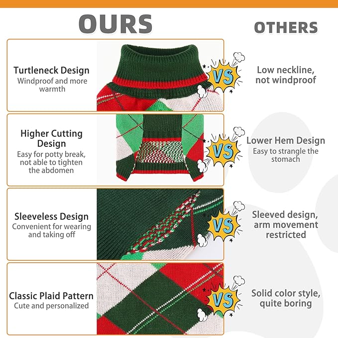 KOOLTAIL Dog Christmas Sweater Pet Knitted Clothes - Classic Plaid Pull Over Turtleneck Dog Sweaters with Leash Hole Warm Dogs Winter Clothing for Small Medium Dogs Cats Puppy Boy Girl Red & Green SM
