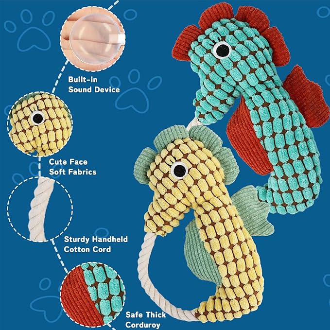 Crinkle Dog Toys Squeaky Plush No Stuffing Cute Puppy Stuffless Tough Rop Pull Toy, Fun Dog Stuffed Animals Durable Chew Set for Small Medium Large Pup (Large, Yellow+Green Seahorses)