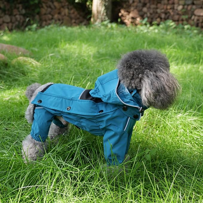 LOVELONGLONG Waterproof Dog Raincoat with Removable Hood – Outdoor Full Body Dog Jacket, Windproof Snowproof Shell Suit – All Season Pet Rain Gear Ocean Teal S