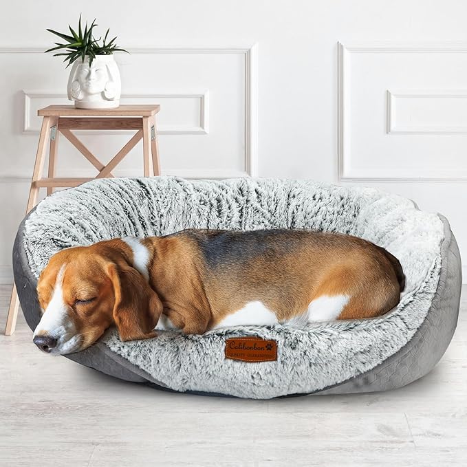 Long Fur Pet Bed for Medium Dogs, Plush Cat Bed with Bolster, Machine Washable Dog Bed with Non-Slip Waterproof Bottom, Orthopedic Support for Warmth & Security, 25x22 Inches