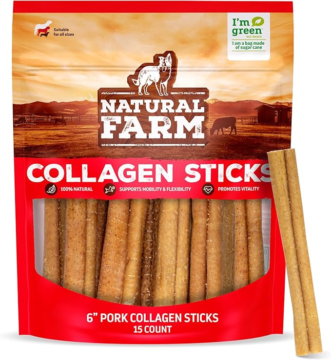 Natural Farm Pork Collagen Sticks Dog Chews, 6-Inch (15 Pack), Odor-Free Long-Lasting Chews, 100% Natural Pork Bacon Skin, Great Alternative for Bully Stick & Rawhide, Great for All Dogs