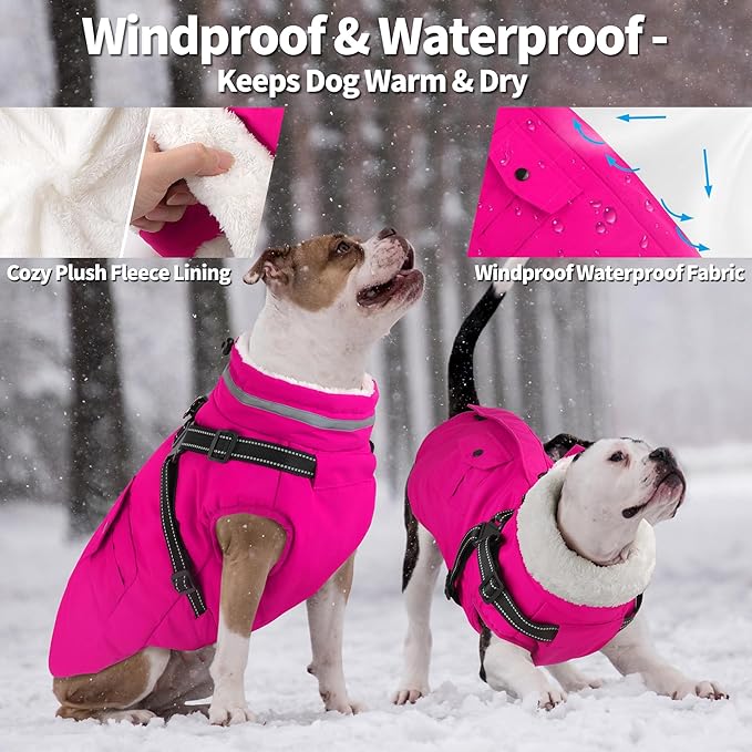 Dogcheer Dog Coat with Harness, Waterproof Warm Dog Winter Jacket with Pockets, Reflective Pet Fleece Jacket Turtleneck Snowsuit for Small Medium Large Dogs - Pink, 2XL