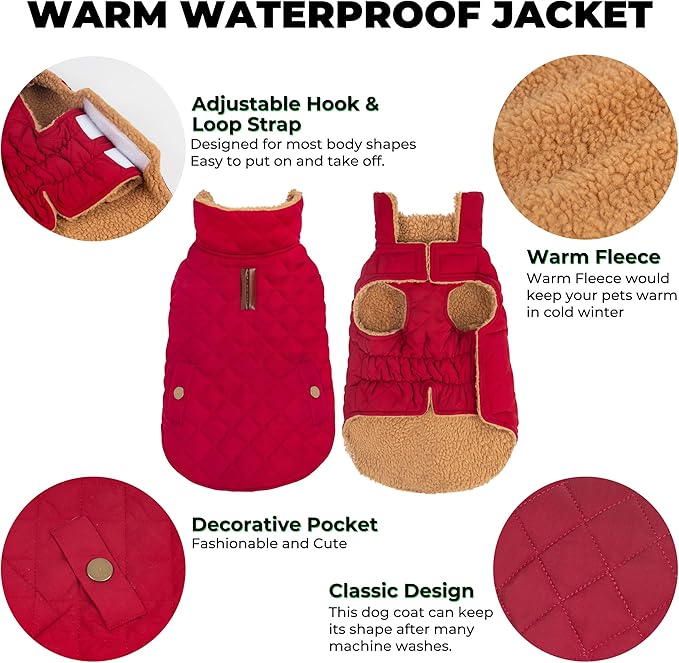 Dog Coat, Warm Winter Dog Waterproof Jacket for Medium Dogs, Fleece Lined Adjustable Dogs Coats Cold Weather Windproof Doggie Snowsuit with Leash Hole, Red X-Large