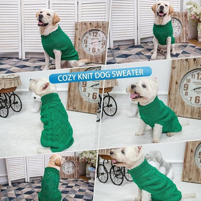 Mihachi Turtleneck Dog Sweater - Winter Coat Apparel Classic Cable Knit Clothes with Leash Hole for Cold Weather, Ideal Gift for Pet in New Year Green X-Large