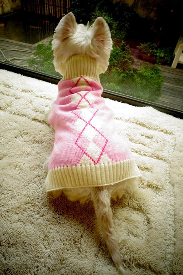 Argyle Dog Sweaters for Small Dogs, Knit Turtleneck Girl Dog Cats Sweater Clothes, Small (S) Size Pink