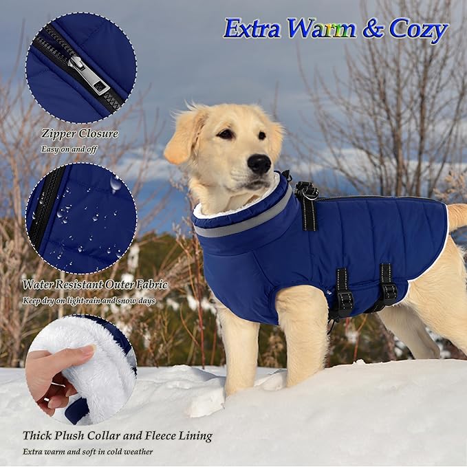 Dogcheer Dog Coat, Waterproof Dog Jacket with Harness, Reflective Adjustable Puppy Winter Coat with Zipper, Christmas Snow Jacket Clothes for Small Medium Large Dogs - Blue L