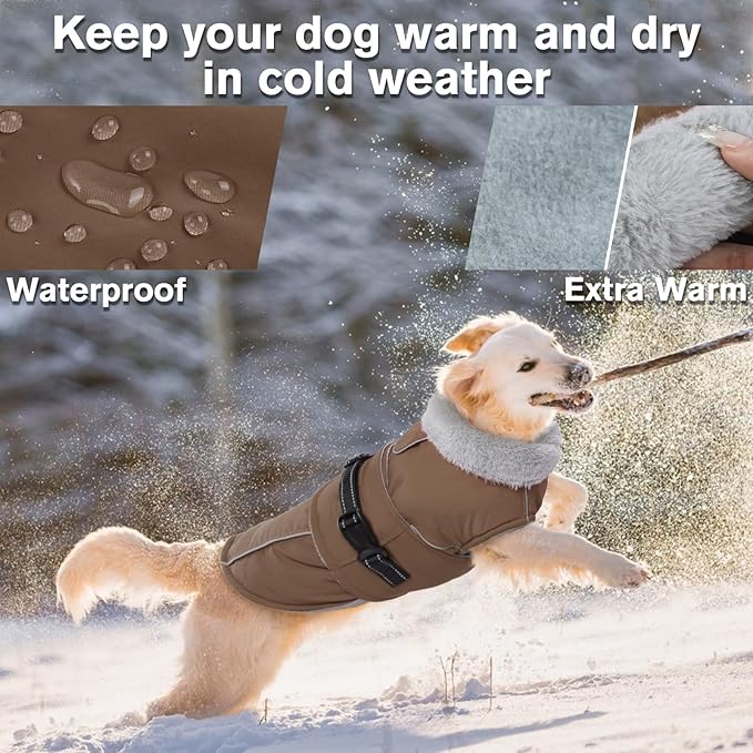 Lelepet Warm Dog Coats for Large Dogs Waterproof Dog Jacket Reflective Pet Fleece Vest Windproof Cold Weather Coats with Adjustable Buckle & Leash Hole, Brown, XXL