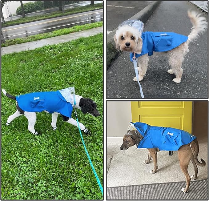 Dog Raincoat Waterproof, Adjustable Reflective Hooded Dog Rain Poncho with Leash Hole for Small Medium Large Dogs (Blue, Large)