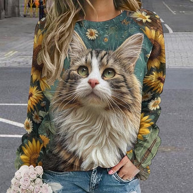 Long Sleeve Shirts for Women Cat Oil Painting Shirt 3D Graphic Sweatshirts Fall Pullover Crewneck Vintage Boho Tops