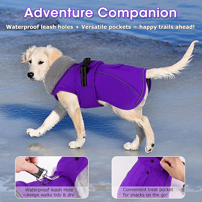 Dogcheer Dog Coat with Pocket, Waterproof Dog Jacket with Adjustable Buckle, Reflective Puppy Winter Coat Warm Turtleneck Fleece SnowJacket for Small Medium Large Dogs - Purple 3XL