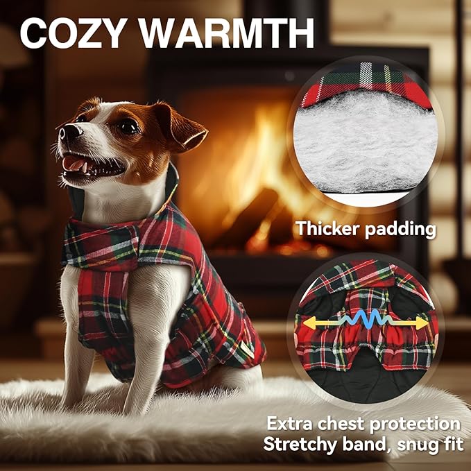 VIVAGLORY Softjoy Dog Coat, Dog Jacket for Winter & Christmas, Coat with Harness Hole & Velcro Closure, Reversible Plaid Checkered Warm Fluffy Heavy Duty for Puppy, M, Red