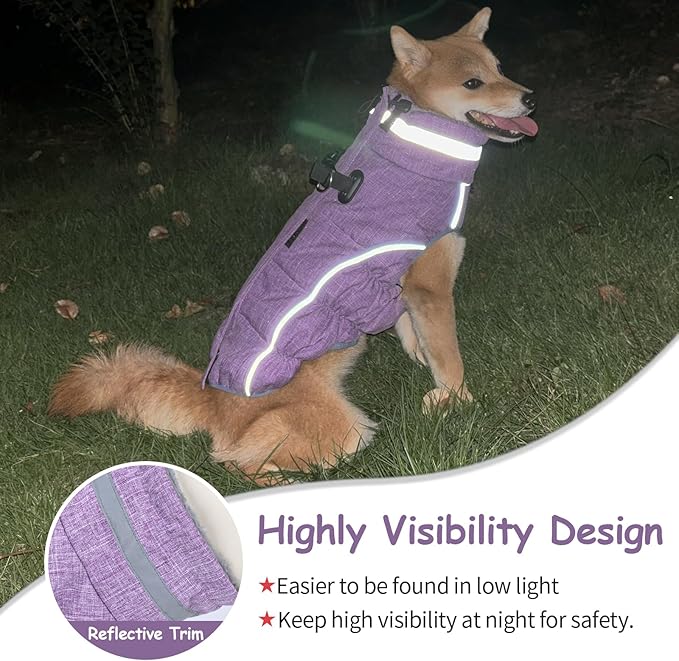 Malier Dog Coat, Reflective Dog Jacket Waterproof Windproof Puppy Cold Weather Coats with Harness Built in, Winter Extra Warm Pet Coat Fleece Vest for Small Large Pets and Puppy (Purple, Medium)
